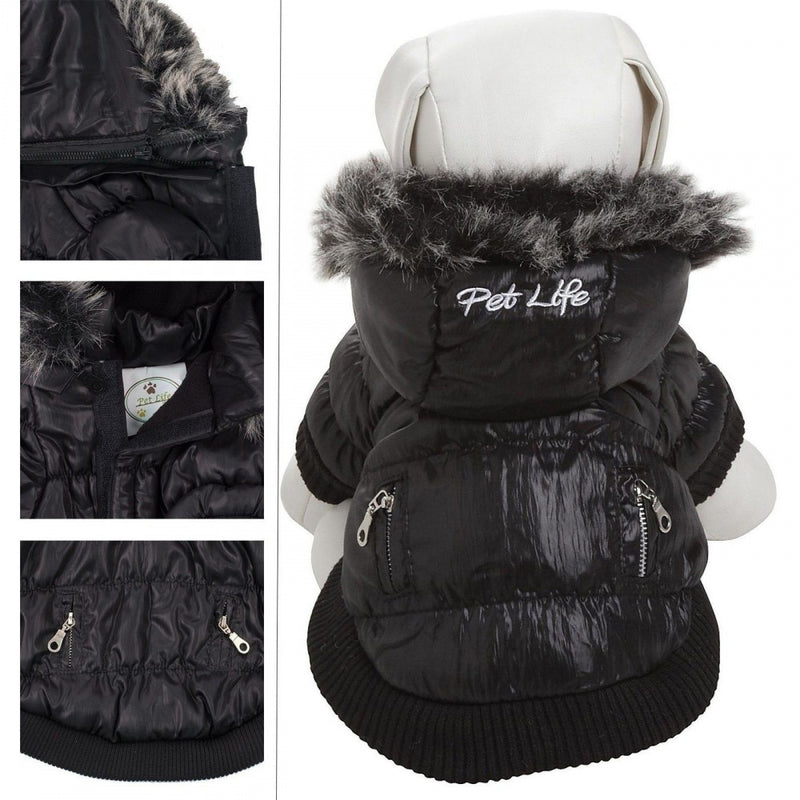 Pet Life Metallic Black Fashion Parka Insulated Dog Coat with Removable Hood